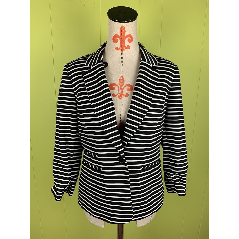 Nine West One Button Blazer Jacket Notch Lapel Women’s 6 Black White Striped